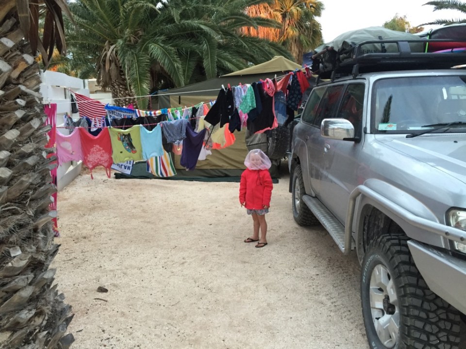 The carpark camp and our washing lines!