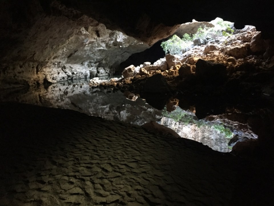 view in tunnel creek water reflected on light from opening